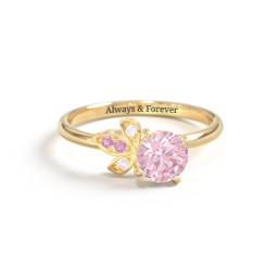 Round Gemstone Ring with Petal Accents in 18K Gold Plated Silver with Fancy Pink Premium Zirconia and Pink Tourmaline