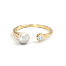 Pearl And Birthstone Open Cuff Ring in 9K Solid Yellow Gold with Aquamarine and Freshwater Pearl