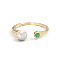 Pearl And Birthstone Open Cuff Ring in 9K Solid Yellow Gold with Emerald and Freshwater Pearl