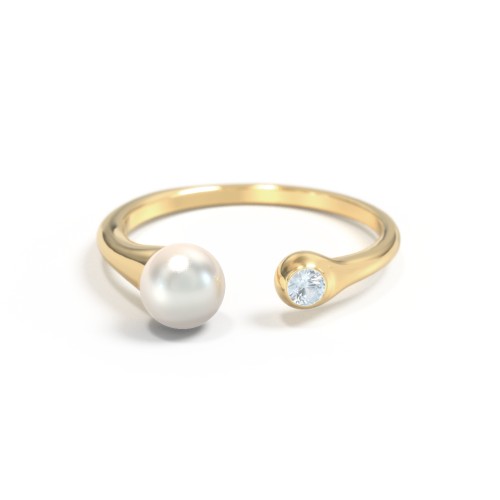 Pearl And Birthstone Open Cuff Ring – 9kt Yellow Gold with Freshwater Pearl and Aquamarine