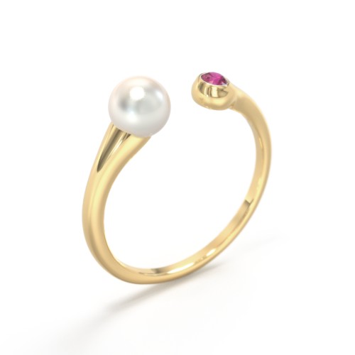 Pearl And Birthstone Open Cuff Ring – 9kt Yellow Gold with Freshwater Pearl and Ruby