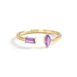 Baguette & Marquise Gemstone Open Cuff Ring in 18K Gold Plated Silver with Amethyst