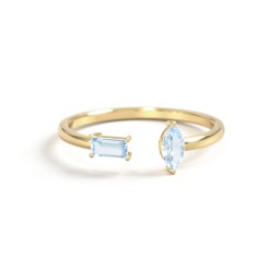 Baguette & Marquise Gemstone Open Cuff Ring in 18K Gold Plated Silver with Aquamarine