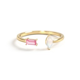 Baguette & Marquise Gemstone Open Cuff Ring in 18K Gold Plated Silver with Pink Tourmaline and Opal
