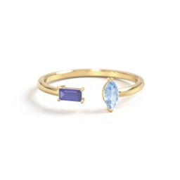 Baguette & Marquise Gemstone Open Cuff Ring in 18K Gold Plated Silver with Blue Sapphire and Blue Topaz
