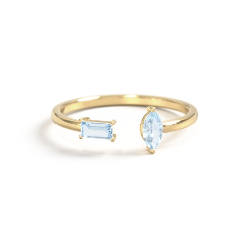 Baguette & Marquise Gemstone Open Cuff Ring – 18K Gold Plated Silver with Aquamarine