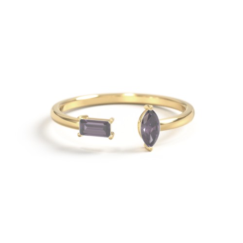 Baguette & Marquise Gemstone Open Cuff Ring – 18K Gold Plated Silver with Alexandrite