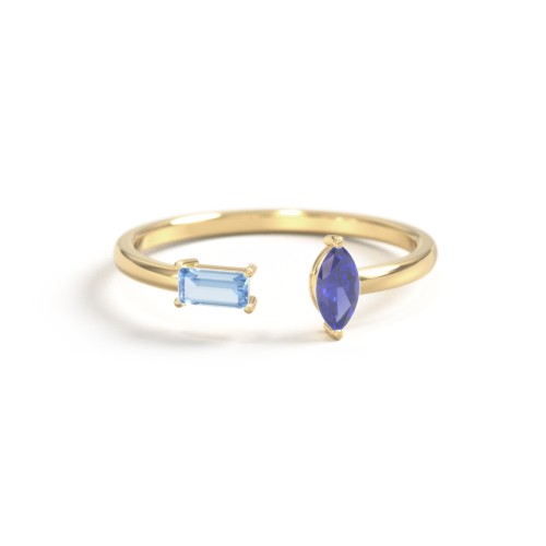 Baguette & Marquise Gemstone Open Cuff Ring – 18K Gold Plated Silver with Blue Topaz and Blue Sapphire