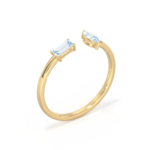 Baguette & Marquise Gemstone Open Cuff Ring – 18K Gold Plated Silver with Aquamarine