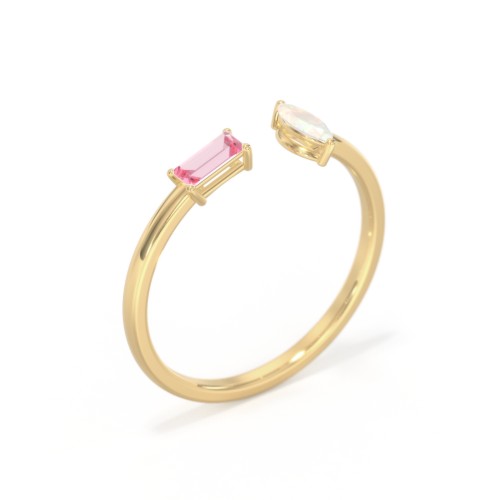 Baguette & Marquise Gemstone Open Cuff Ring – 18K Gold Plated Silver with Pink Tourmaline and Opal