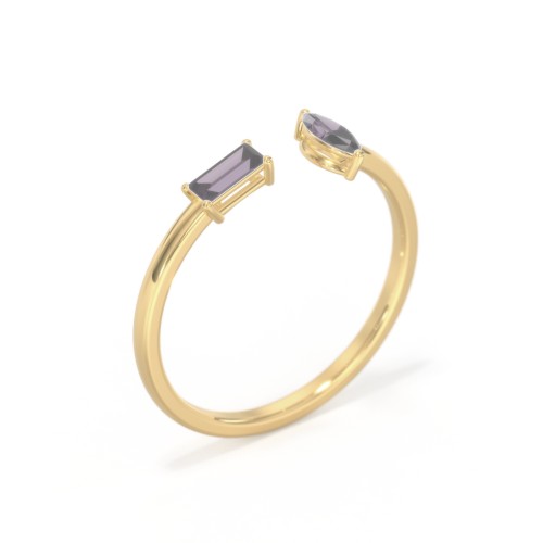 Baguette & Marquise Gemstone Open Cuff Ring – 18K Gold Plated Silver with Alexandrite