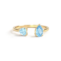 Heart & Pear Gemstone Open Cuff Ring in 18K Gold Plated Silver with Blue Topaz