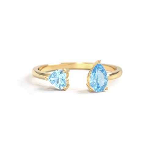 Heart & Pear Gemstone Open Cuff Ring – 18K Gold Plated Silver with Blue Topaz