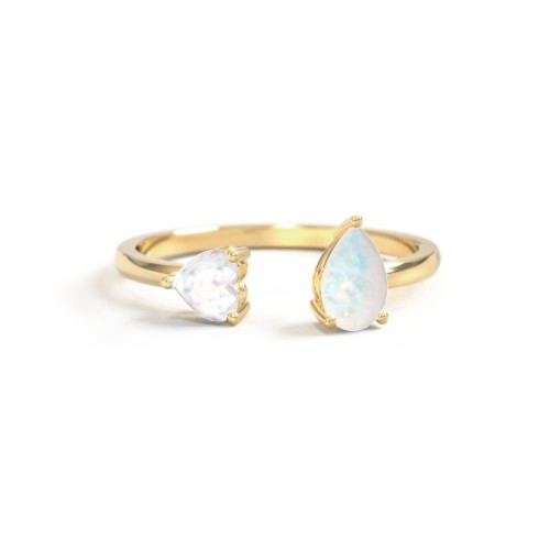 Heart & Pear Gemstone Open Cuff Ring – 18K Gold Plated Silver with Opal