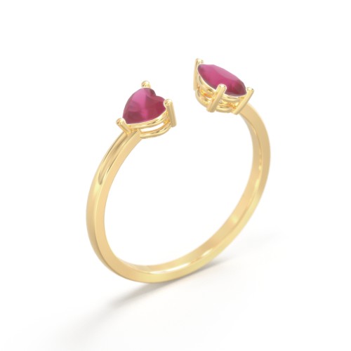 Heart & Pear Gemstone Open Cuff Ring – 18K Gold Plated Silver with Ruby