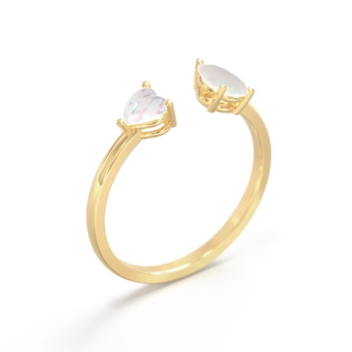 Heart & Pear Gemstone Open Cuff Ring – 18K Gold Plated Silver with Opal
