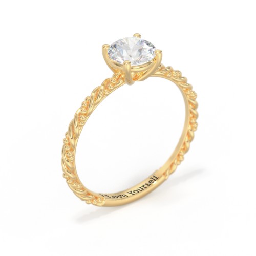 Solitaire Gemstone Ring with Twisted Rope & Bead Band – 18K Gold Plated Silver with Lab Diamond