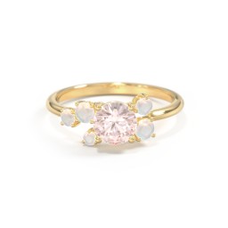 Round Gemstone Ring with Scattered Side Stones in 9K Solid Yellow Gold with Morganite and Opal