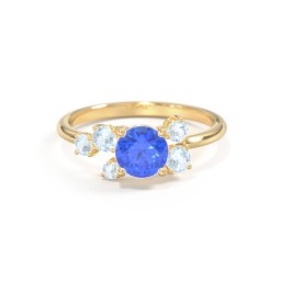 Round Gemstone Ring with Scattered Side Stones in 9K Solid Yellow Gold with Fancy Blue Premium Zirconia and Aquamarine