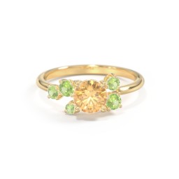 Round Gemstone Ring with Scattered Side Stones in 9K Solid Yellow Gold with Fancy Yellow Premium Zirconia and Peridot