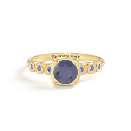 Round Gemstone Cube Ring with Star Set Accents in 18K Gold Plated Silver with Blue Sapphire