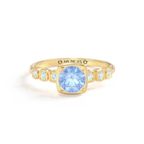 Round Gemstone Cube Ring with Star Set Accents – 18K Gold Plated Silver with Fancy Blue Premium Zirconia and Blue Topaz