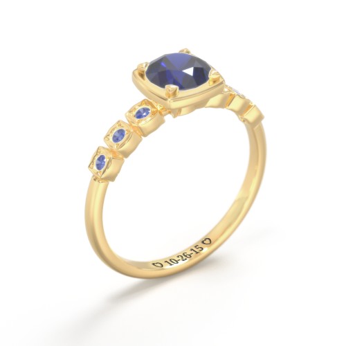 Round Gemstone Cube Ring with Star Set Accents – 18K Gold Plated Silver with Blue Sapphire