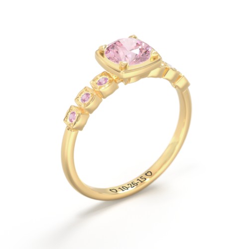 Round Gemstone Cube Ring with Star Set Accents – 18K Gold Plated Silver with Fancy Pink Premium Zirconia and Pink Tourmaline