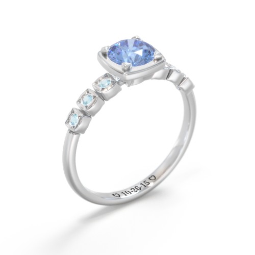 Round Gemstone Cube Ring with Star Set Accents – Sterling Silver with Fancy Blue Premium Zirconia and Blue Topaz