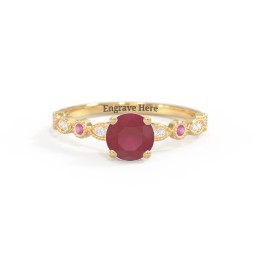 Round Gemstone Ring With Milgrain & Accents in 18K Gold Plated Silver with Ruby and White Premium Zirconia