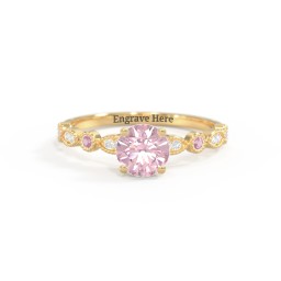 Round Gemstone Ring With Milgrain & Accents in 18K Gold Plated Silver with Fancy Pink Premium Zirconia, Pink Tourmaline, and White Premium Zirconia