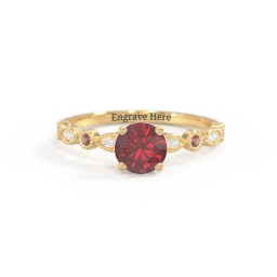 Round Gemstone Ring With Milgrain & Accents in 18K Gold Plated Silver with Red Premium Zirconia, Garnet, and White Premium Zirconia