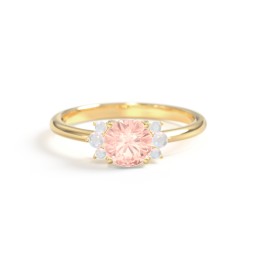 Round Gemstone Ring With Clustered Side Stones in 9K Solid Yellow Gold with Morganite and Opal