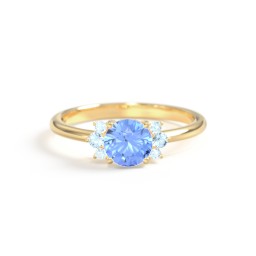 Round Gemstone Ring With Clustered Side Stones in 9K Solid Yellow Gold with Fancy Blue Premium Zirconia and Blue Topaz