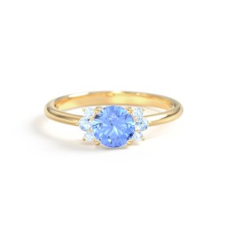 Round Gemstone Ring With Clustered Side Stones in 9K Solid Yellow Gold with Fancy Blue Premium Zirconia and Blue Topaz
