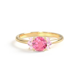 Round Gemstone Ring With Clustered Side Stones in 9K Solid Yellow Gold with Fancy Pink Premium Zirconia and Pink Tourmaline