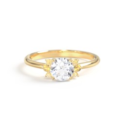 Round Gemstone Ring With Clustered Side Stones in 9K Solid Yellow Gold with White Premium Zirconia and Citrine