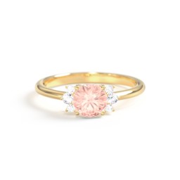 Round Gemstone Ring With Clustered Side Stones in 9K Solid Yellow Gold with Morganite and Cubic Zirconia