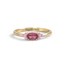 East-West Oval Gemstone Ring With Triple Side Stones in 18K Gold Plated Silver with Pink Tourmaline