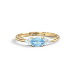 East-West Oval Gemstone Ring With Triple Side Stones in 18K Gold Plated Silver with Blue Topaz