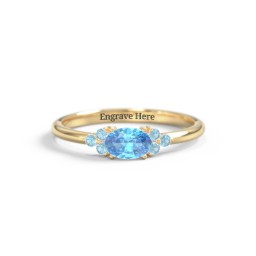 East-West Oval Gemstone Ring With Triple Side Stones in 18K Gold Plated Silver with Blue Topaz