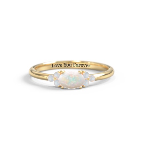 East-West Oval Gemstone Ring With Triple Side Stones – 18K Gold Plated Silver with Opal
