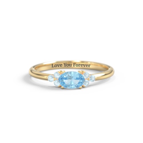 East-West Oval Gemstone Ring With Triple Side Stones – 18K Gold Plated Silver with Blue Topaz