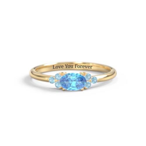 East-West Oval Gemstone Ring With Triple Side Stones – 18K Gold Plated Silver with Blue Topaz