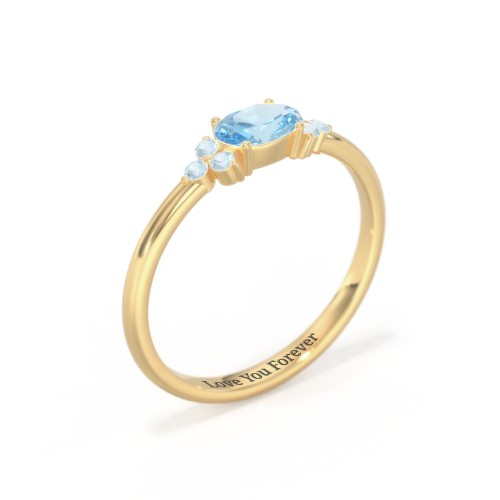 East-West Oval Gemstone Ring With Triple Side Stones – 18K Gold Plated Silver with Blue Topaz