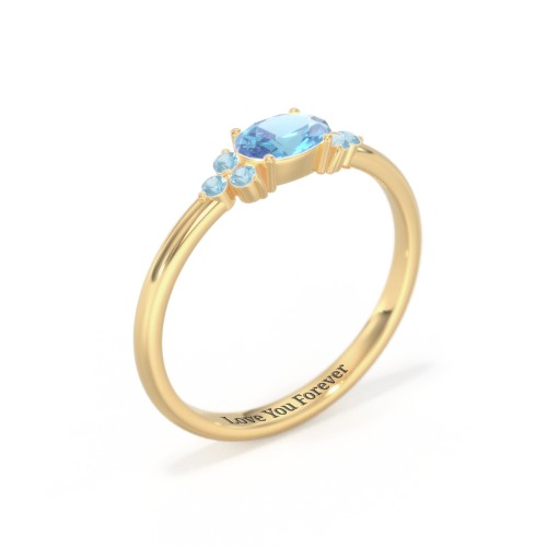 East-West Oval Gemstone Ring With Triple Side Stones – 18K Gold Plated Silver with Blue Topaz