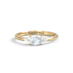East-West Pear Gemstone Ring With Triple Side Stones in 18K Gold Plated Silver with Aquamarine