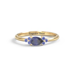 East-West Pear Gemstone Ring With Triple Side Stones in 18K Gold Plated Silver with Blue Sapphire