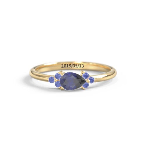 East-West Pear Gemstone Ring With Triple Side Stones – 18K Gold Plated Silver with Blue Sapphire
