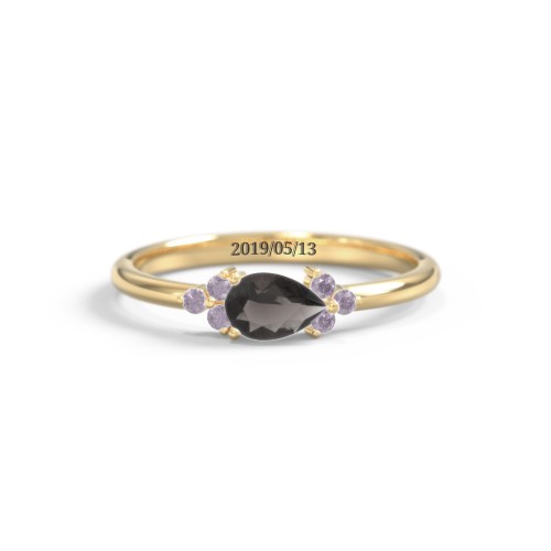 East-West Pear Gemstone Ring With Triple Side Stones – 18K Gold Plated Silver with Smokey Quartz and Alexandrite